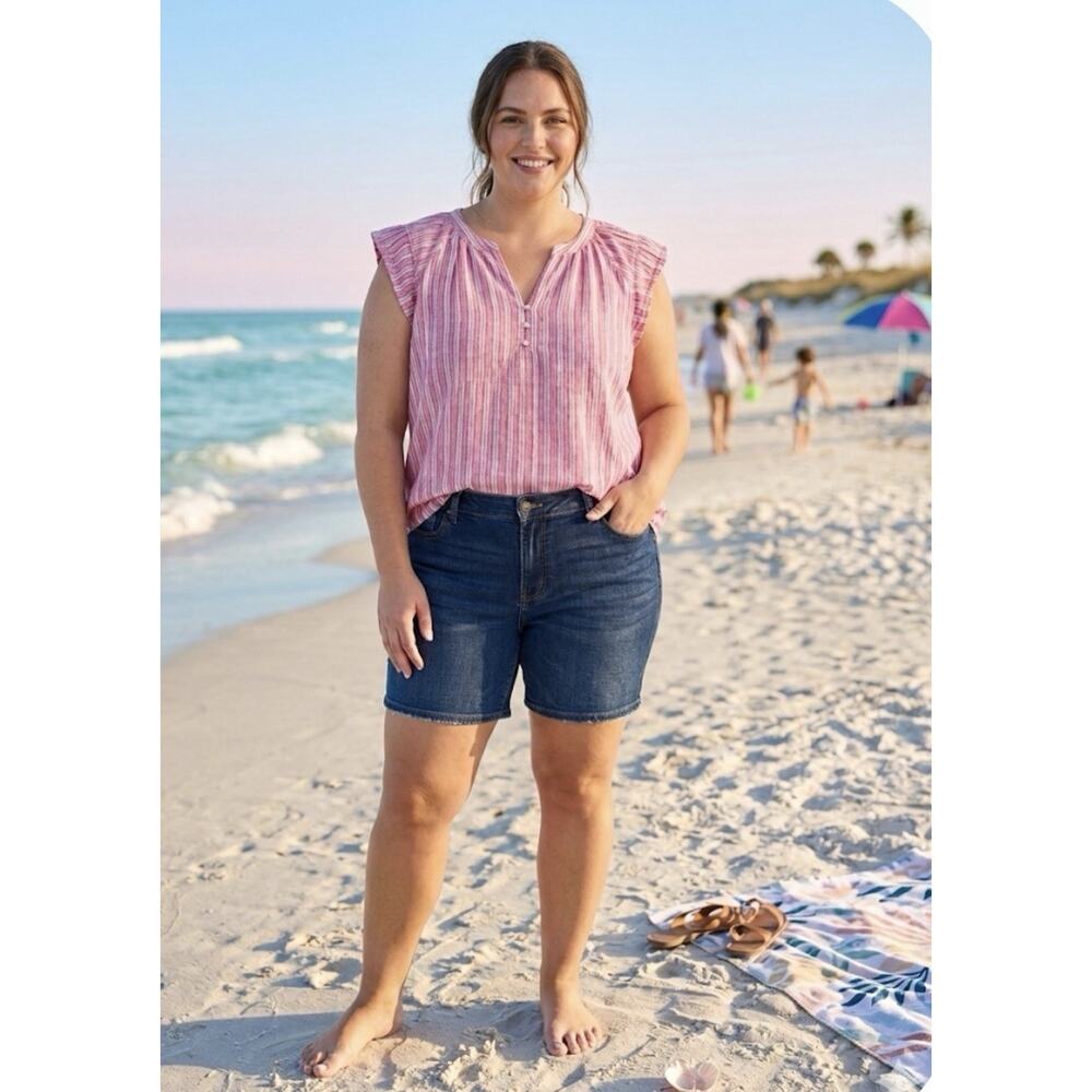 Pink and White Linen Blend Top Peasant Boho Festival Airy XXL(20) Vacation Beach
